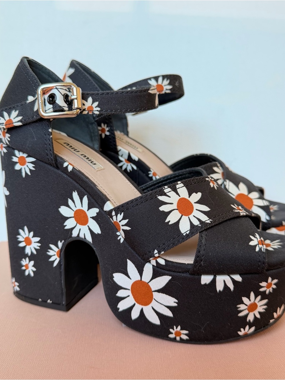 Miu Miu Black Daisy Print Gabardine Chunky Platform Sandals IT 38 NWOB - Picture 4 of 9